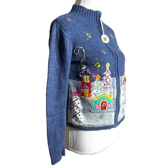 Christmas Village Sweater PS Petite S Embroidered Beaded Sequin Navy Rainbow - Picture 2 of 14